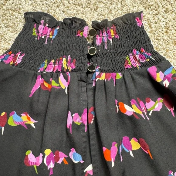 Kate Spade New York Womens Size S Bird Print Smocked High Neck Blouse Black - Picture 11 of 14